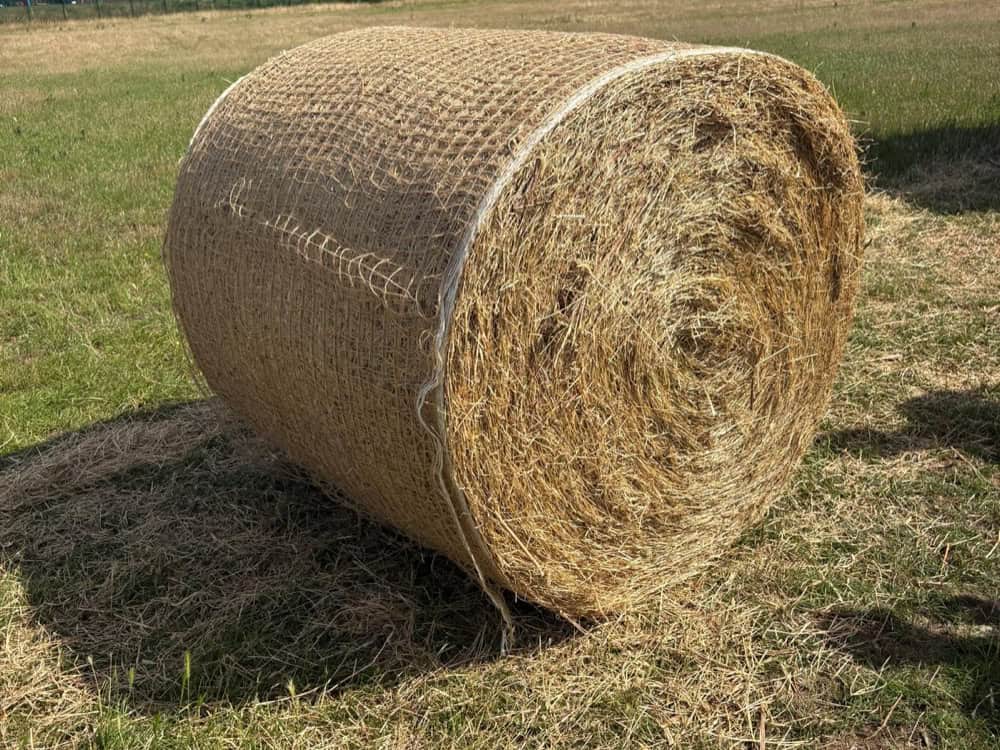 Large round hay bale on a grassy field under clear sky, used for livestock feed or agricultural purposes.